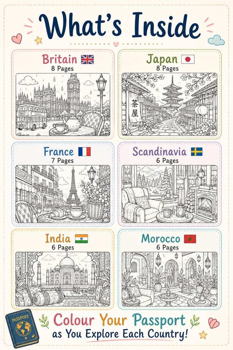 May include: A colouring book titled "What's Inside" presents illustrations of Britain, Japan, France, Scandinavia, India, and Morocco. Each country has a page count. The image also includes a passport illustration, and the text "Colour Your Passport".