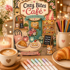 May include: A coloring book titled Cozy Bites Café featuring a cafe scene with a croissant, cake, and a cat. The cover includes text: Perfect for cozy moments, relax, color & unwind, Cute & Cozy Coloring Book, Take time to enjoy, Open, Good food, Good mood, Cozy days, A sweet escape awaits.