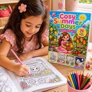 以下が含まれることがあります： ピンクの鉛筆で「Cosy Summer Days」の塗り絵をする少女。本にはレモン、マンゴー、イチゴのイラストが描かれています。色鉛筆の入ったピンクのカップが近くにあります。