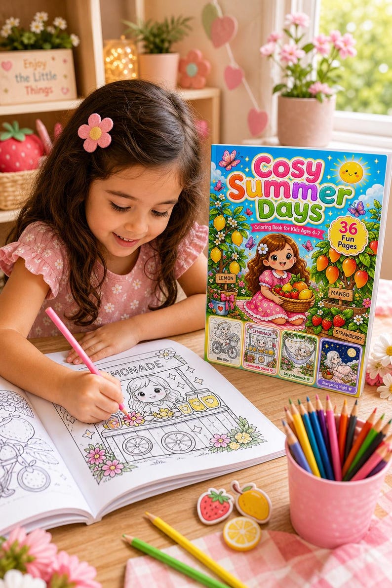 以下が含まれることがあります： ピンクの鉛筆で「Cosy Summer Days」の塗り絵をする少女。本にはレモン、マンゴー、イチゴのイラストが描かれています。色鉛筆の入ったピンクのカップが近くにあります。
