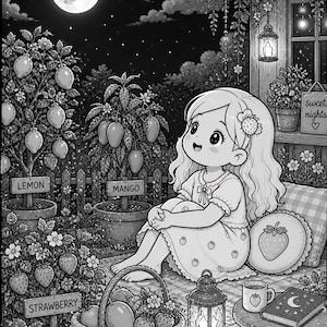 以下が含まれることがあります： 夜の庭にいる女の子の白黒イラスト。レモンとマンゴーの木が鉢植えになっています。果物のバスケット、ランタン、本が近くにあります。月が空に輝いています。