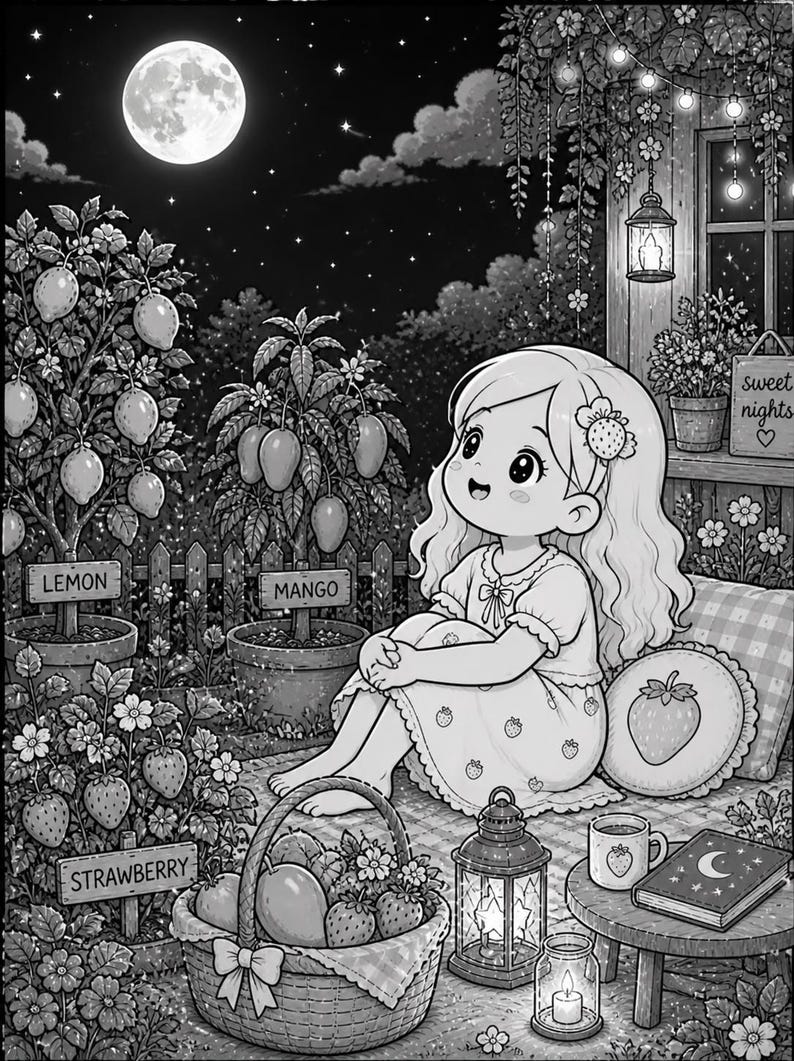 以下が含まれることがあります： 夜の庭にいる女の子の白黒イラスト。レモンとマンゴーの木が鉢植えになっています。果物のバスケット、ランタン、本が近くにあります。月が空に輝いています。