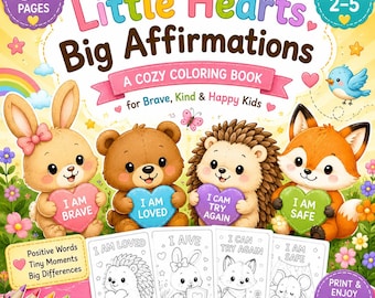 Kleurboek Little Hearts Big Affirmations voor kinderen | Gezellige dieren, positieve woorden (pdf-download)