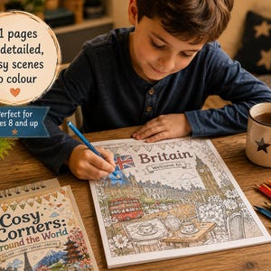 May include: A child colouring a detailed illustration of Britain, including Big Ben and a red double-decker bus. The colouring book, titled "Britain Welcome to", is part of the "Cosy Corners: Around the World" series. It is advertised as having 41 pages of detailed scenes to colour.
