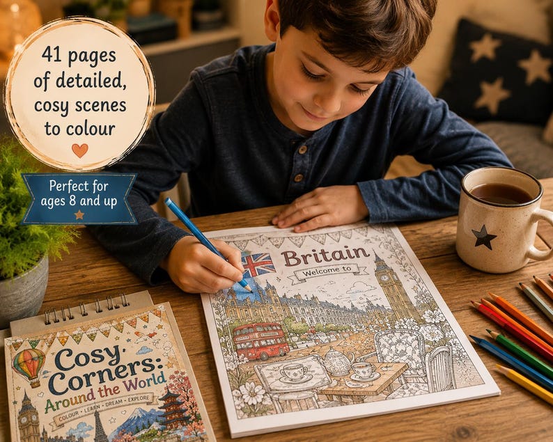 May include: A child colouring a detailed illustration of Britain, including Big Ben and a red double-decker bus. The colouring book, titled "Britain Welcome to", is part of the "Cosy Corners: Around the World" series. It is advertised as having 41 pages of detailed scenes to colour.