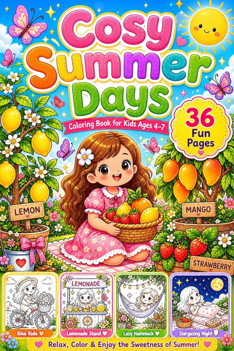 以下が含まれることがあります： 「Cosy Summer Days」というタイトルの子供向け塗り絵本の表紙。女の子が果物のバスケットを持っています。デザインには、晴れた空、蝶、そして「36 Fun Pages」というテキストが含まれています。レモン、マンゴー、イチゴのイラストも表示されています。