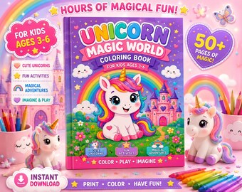 Kleurboek Unicorn Magic World voor kinderen van 3-6 jaar | 50+ activiteiten (pdf-download)