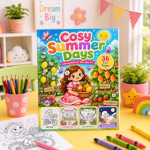 以下が含まれることがあります： 「Cosy Summer Days」というタイトルの、36ページの楽しい子供向け塗り絵。表紙には、果物のバスケットを持った漫画の女の子が描かれています。本は、クレヨン、ペン立て、装飾品に囲まれています。