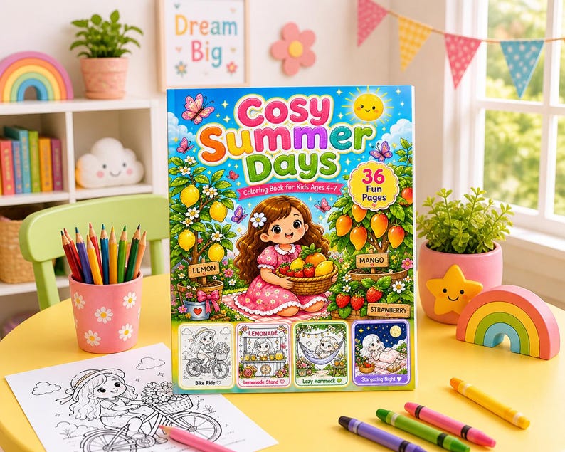 以下が含まれることがあります： 「Cosy Summer Days」というタイトルの、36ページの楽しい子供向け塗り絵。表紙には、果物のバスケットを持った漫画の女の子が描かれています。本は、クレヨン、ペン立て、装飾品に囲まれています。
