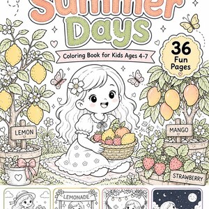 以下が含まれることがあります： 4～7歳向けの子供向け塗り絵「Cosy Summer Days」で、36ページの楽しい内容です。表紙には、果物のバスケットを持った女の子、レモンとマンゴーの木、その他の夏のイラストが描かれています。