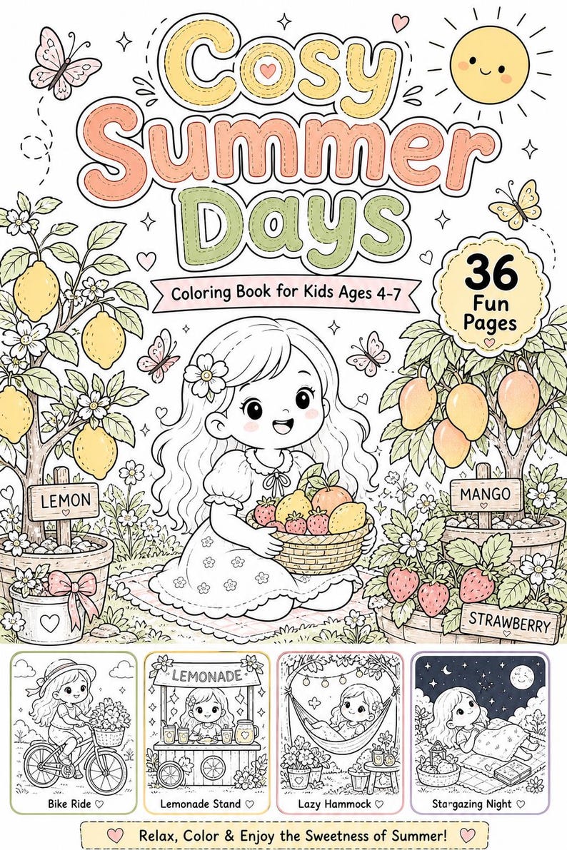 以下が含まれることがあります： 4～7歳向けの子供向け塗り絵「Cosy Summer Days」で、36ページの楽しい内容です。表紙には、果物のバスケットを持った女の子、レモンとマンゴーの木、その他の夏のイラストが描かれています。