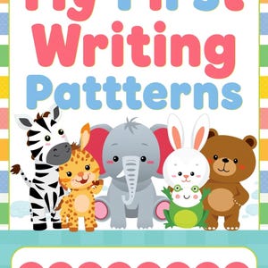 Op de afbeelding: Een kinderboekcover met de titel "My First Writing Patterns" in roze en blauw. De cover toont cartoon dieren: een zebra, een luipaard, een olifant, een konijn, een kikker en een beer. Daaronder roze cirkels om patronen te oefenen.
