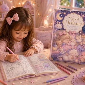 Może przedstawiać: Młoda osoba koloruje w kolorowance "Magical Dreams" r&oacute;żowym oł&oacute;wkiem. Okładka książki przedstawia śpiącą dziewczynkę z kr&oacute;liczkami i gwiazdami. Na stole filiżanka herbaty, oł&oacute;wki i światło w kształcie gwiazdy.