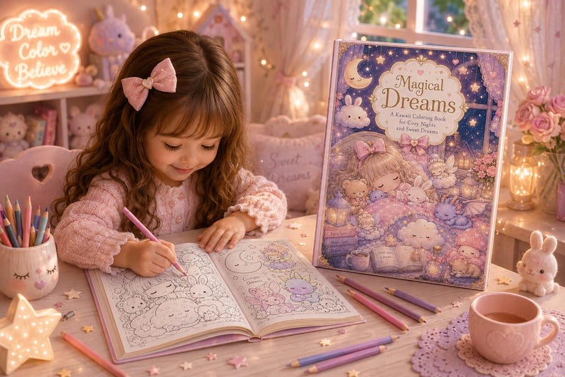 Może przedstawiać: Młoda osoba koloruje w kolorowance "Magical Dreams" r&oacute;żowym oł&oacute;wkiem. Okładka książki przedstawia śpiącą dziewczynkę z kr&oacute;liczkami i gwiazdami. Na stole filiżanka herbaty, oł&oacute;wki i światło w kształcie gwiazdy.
