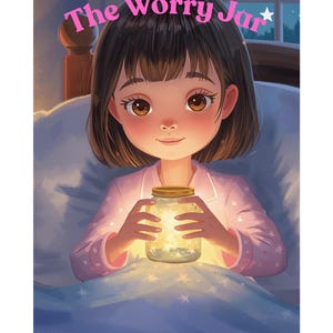 Può includere: Illustrazione di una bambina in pigiama rosa che tiene in mano un barattolo luminoso con la scritta "The Worry Jar". La bambina è a letto, con un cielo notturno visibile attraverso la finestra. Il barattolo sembra contenere delle stelle.