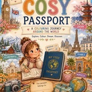 May include: A vibrant illustration of a children's activity book called "My Cosy Passport." The image includes a world map, landmarks, and a young girl. The text reads "Explore. Colour. Dream. Discover." and "A World of Wonder Awaits You."