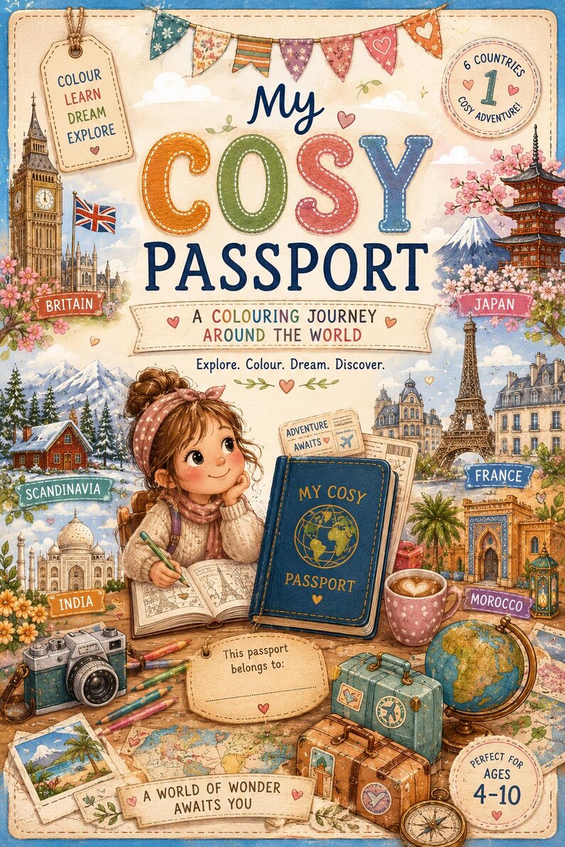 May include: A vibrant illustration of a children's activity book called "My Cosy Passport." The image includes a world map, landmarks, and a young girl. The text reads "Explore. Colour. Dream. Discover." and "A World of Wonder Awaits You."