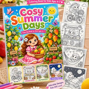 以下が含まれることがあります： 4～7歳向けの子供向け塗り絵「Cosy Summer Days」。表紙には果物を持つ女の子が描かれており、36ページあります。色鉛筆や夏の活動のイラストも表示されています。