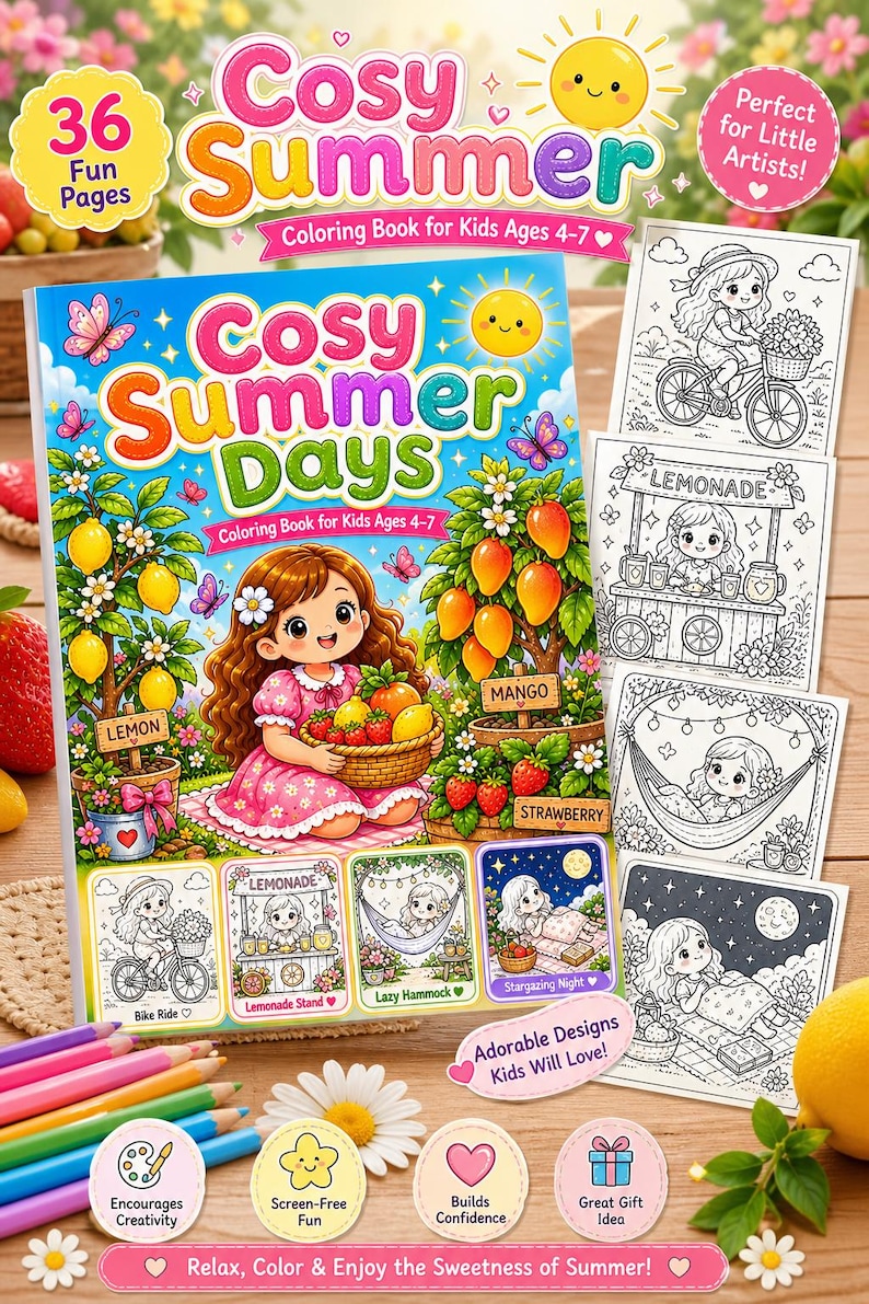 以下が含まれることがあります： 4～7歳向けの子供向け塗り絵「Cosy Summer Days」。表紙には果物を持つ女の子が描かれており、36ページあります。色鉛筆や夏の活動のイラストも表示されています。