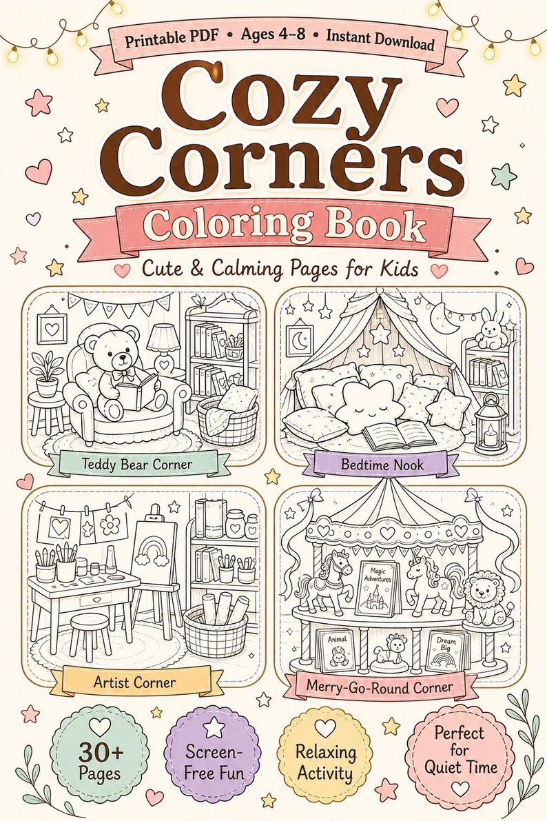 Op de afbeelding: Een kleurboek getiteld "Cozy Corners" met illustraties van een teddybeerhoek, bedhoek, kunstenaarshoek en draaimolenhoek. Het boek is ontworpen voor kinderen van 4-8 jaar en bevat de tekst "Cute & Calming Pages for Kids". Het bevat ook de tekst "30+ Pages", "Screen-Free Fun", "Relaxing Activity" en "Perfect for Quiet Time".