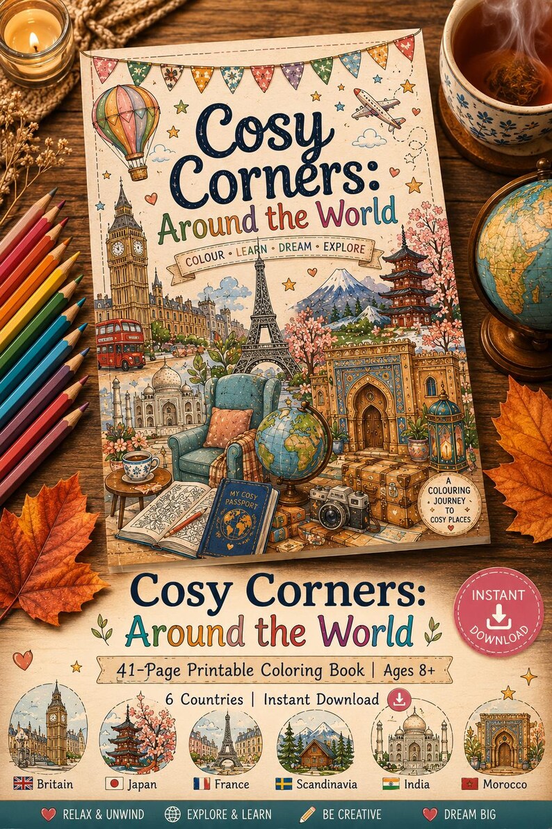 May include: A printable coloring book, "Cosy Corners: Around the World", featuring illustrations of global landmarks. The cover shows the Eiffel Tower, Big Ben, and a hot air balloon. Includes colored pencils and the text "Colour, Learn, Dream, Explore".