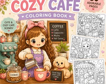 Kolorowanka Lily's Cozy Café | Urocze kolorowanki kawaii | Przytulna kawiarnia do druku w formacie PDF | Kolorowanka dla dziewcząt | Pobierz cyfrowo