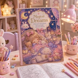 Może przedstawiać: Duża, otwarta kolorowanka zatytułowana "Magical Dreams" ze szczeg&oacute;łową ilustracją śpiącej dziewczynki i fantastycznych stworzeń. Książka otoczona jest kredkami, pluszowym kr&oacute;likiem i r&oacute;żową lampą.