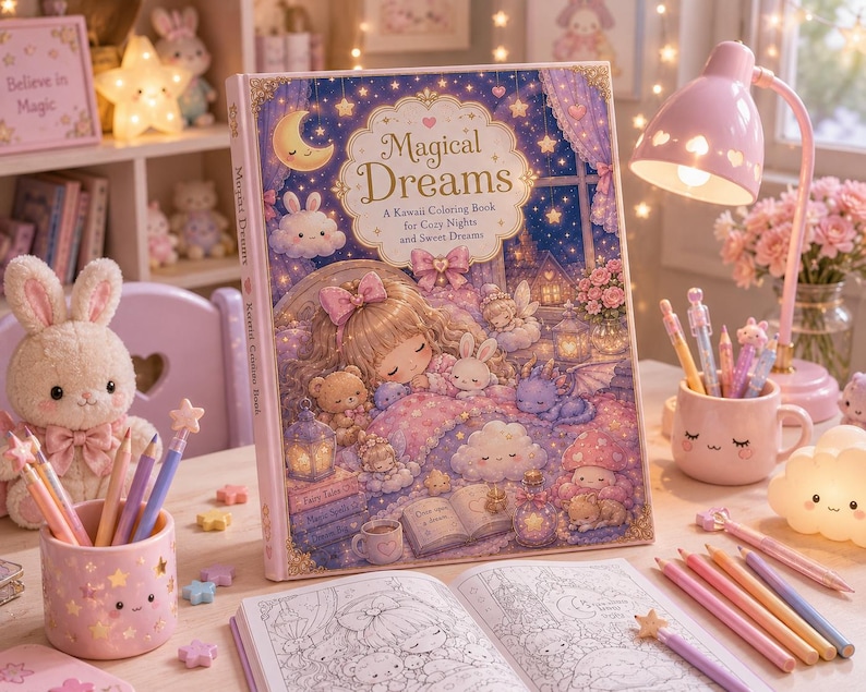 Może przedstawiać: Duża, otwarta kolorowanka zatytułowana "Magical Dreams" ze szczeg&oacute;łową ilustracją śpiącej dziewczynki i fantastycznych stworzeń. Książka otoczona jest kredkami, pluszowym kr&oacute;likiem i r&oacute;żową lampą.