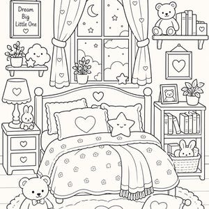 Op de afbeelding: Zwart-wit illustratie van een slaapkamersc&egrave;ne. De kamer heeft een bed met hartvormige kussens, een nachtkastje met een lamp en een boekenplank. Een raam toont een nachtelijke hemel met sterren en een halve maan. De tekst "Dream Big Little One" staat in een ingelijste afbeelding.