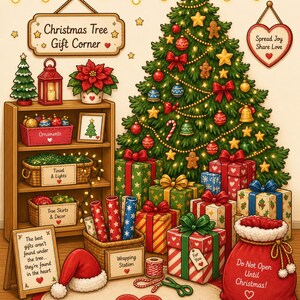 Op de afbeelding: Een feestelijke kerstsc&egrave;ne met een versierde boom, ingepakte cadeaus en een cadeauhoek. De boom is versierd met ornamenten, lichtjes en een ster. Een bord leest "Christmas Tree Gift Corner". Cadeaus zijn verpakt in kleurrijk papier.