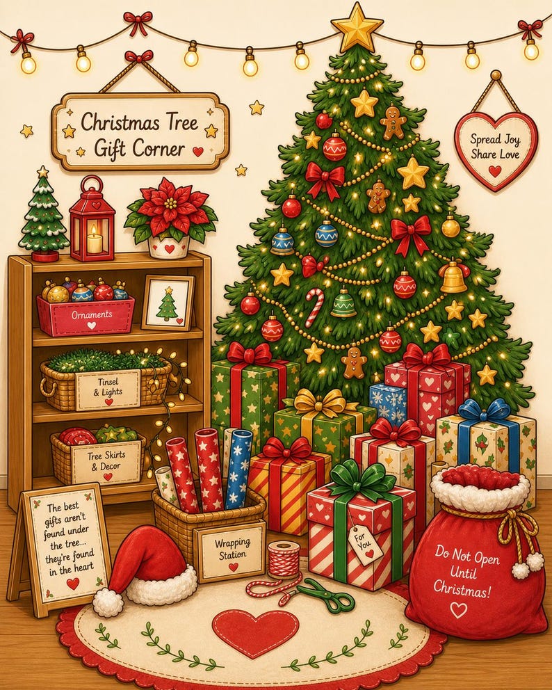 Op de afbeelding: Een feestelijke kerstsc&egrave;ne met een versierde boom, ingepakte cadeaus en een cadeauhoek. De boom is versierd met ornamenten, lichtjes en een ster. Een bord leest "Christmas Tree Gift Corner". Cadeaus zijn verpakt in kleurrijk papier.