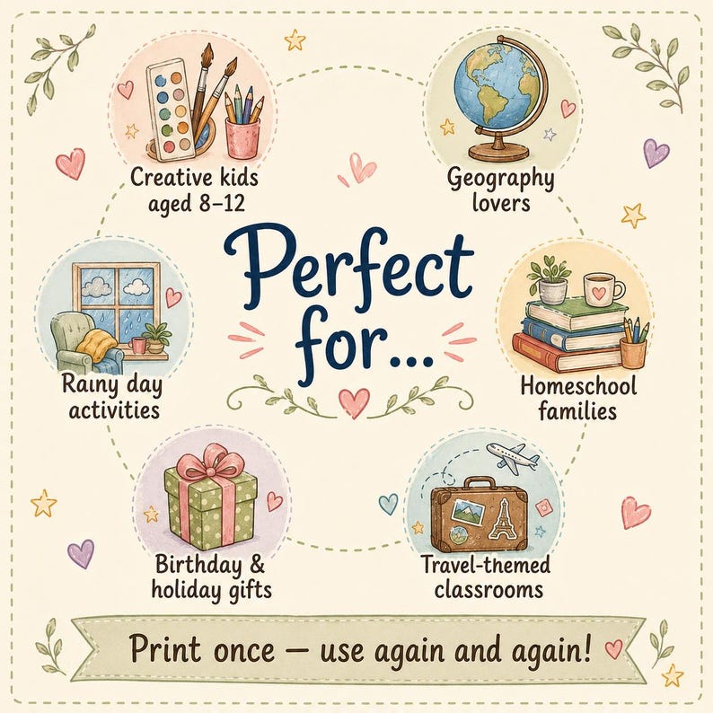 May include: A charming illustration featuring the words "Perfect for..." and various themed drawings, including art supplies, a globe, books, a rainy day scene, a gift, and a suitcase. The text "Print once - use again and again!" is at the bottom.