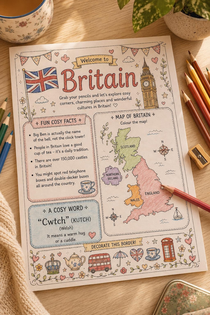 May include: A detailed illustrated page titled "Welcome to Britain". It features a map of the UK, the Union Jack, Big Ben, and other British icons. The page is designed for coloring and includes fun facts.