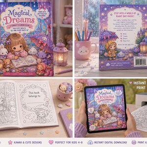Może przedstawiać: Kolekcja kolorowanek "Magical Dreams" i powiązanych przedmiot&oacute;w. Okładka przedstawia dziewczynkę czytającą z uroczymi postaciami. Tylna okładka przedstawia dziewczynkę z parasolem. Otwarta książka pokazuje stronę do kolorowania. Tablet wyświetla okładkę.