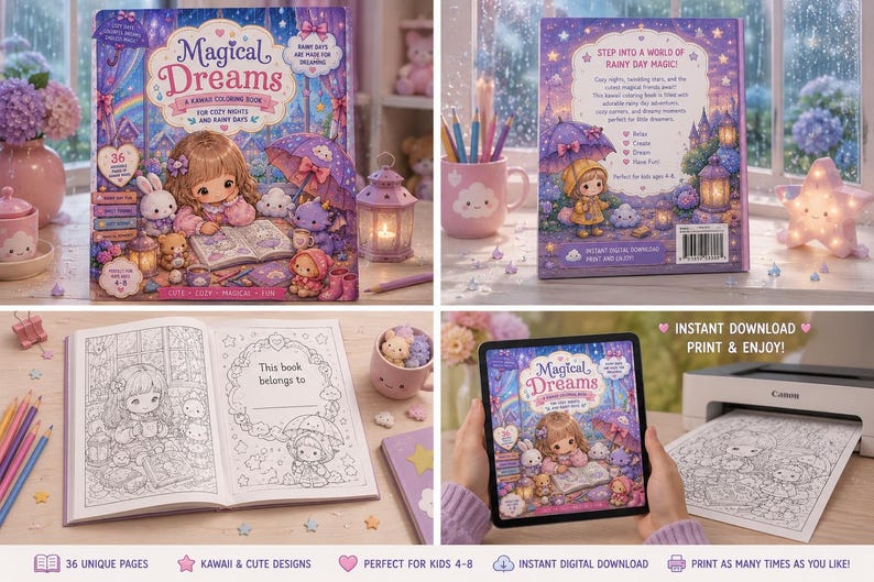 Może przedstawiać: Kolekcja kolorowanek "Magical Dreams" i powiązanych przedmiot&oacute;w. Okładka przedstawia dziewczynkę czytającą z uroczymi postaciami. Tylna okładka przedstawia dziewczynkę z parasolem. Otwarta książka pokazuje stronę do kolorowania. Tablet wyświetla okładkę.