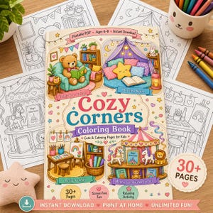 Op de afbeelding: Een "Cozy Corners" kleurboek voor kinderen, met illustraties van een lezende teddybeer, een bedhoek, een kunstenaarshoek en een draaimolen. De cover bevat de tekst "Printable PDF" en "Instant Download."