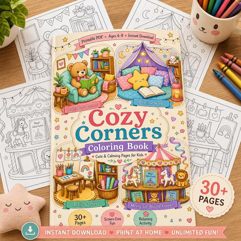Op de afbeelding: Een "Cozy Corners" kleurboek voor kinderen, met illustraties van een lezende teddybeer, een bedhoek, een kunstenaarshoek en een draaimolen. De cover bevat de tekst "Printable PDF" en "Instant Download."