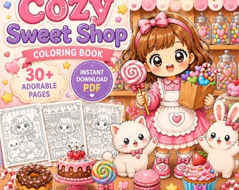 Cosy Sweet Shop Kleurboek Afdrukbare kawaii kleurplaten voor kinderen Schattig snoepwinkel activiteitenboek Direct downloaden pdf