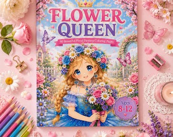 Kleurboek Flower Queen | Bloemen-fantasiepagina's in anime-stijl (digitale download)