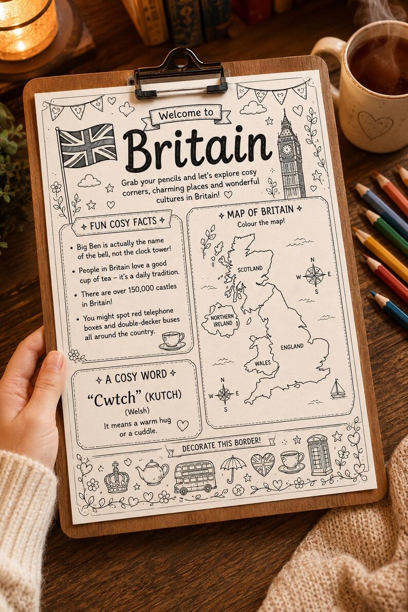 May include: A monochrome illustrated guide to Britain on a wooden clipboard. It features a map, the Union Jack, Big Ben, and the text "Welcome to Britain." The design includes fun facts and a Welsh word. Held by a person.