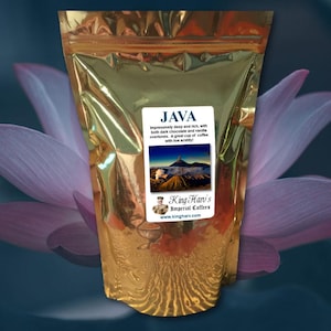 May include: A gold foil bag of Java coffee beans. The bag has a label with the text "JAVA" and a description of the coffee. The label also includes a photo of a volcano and the text "King Hari's Imperial Coffees" and "www.kingharv.com".