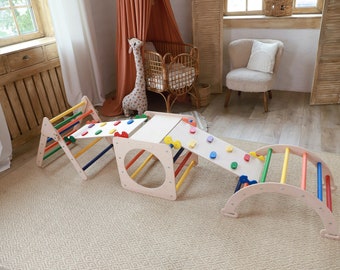 Gimnasio de escalada para niños pequeños, Tobogán para niños pequeños, Juego de escalador triangular 3 en 1, Triángulo de escalada, Área de juegos para escaladores Montessori, cojín de almohada de arco