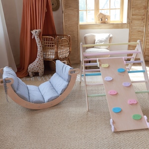 Set of 3 items foldable Triangle + Arch + Ramp with slide, arch pillow montessori rocker, cushion pillow, Wood baby gym, Climbing triangle