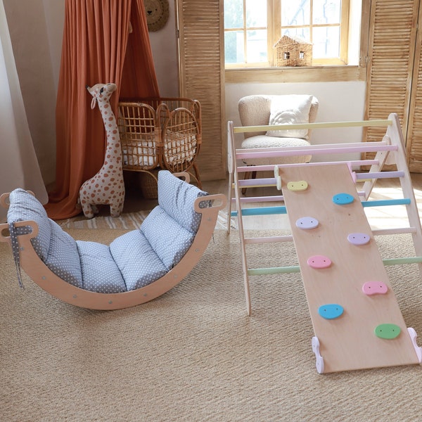 Conjunto de 3 artículos Triángulo plegable + Arco + Rampa con tobogán, almohada de arco mecedora montessori, almohada de cojín, Gimnasio para bebés de madera, Triángulo de escalada