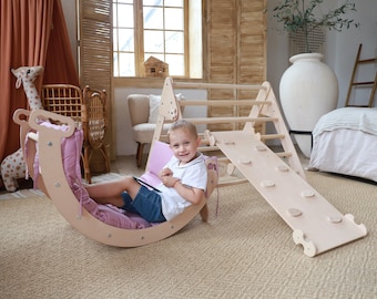 Montessori Klettergurt, Arch Rocker mit Kissen, Wippe holz, Kletterbrett, Kletterdreieck, Kletterbogen mit Kissen, Kletterdreieck Set 3 Artikel