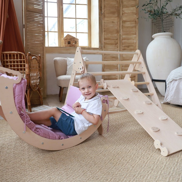 Montessori Climber, Arch Rocker with Pillow, Wippe holz, Kletterbrett, Kletterdreieck, Kletterbogen mit Kissen, Climbing triangle set 3 item