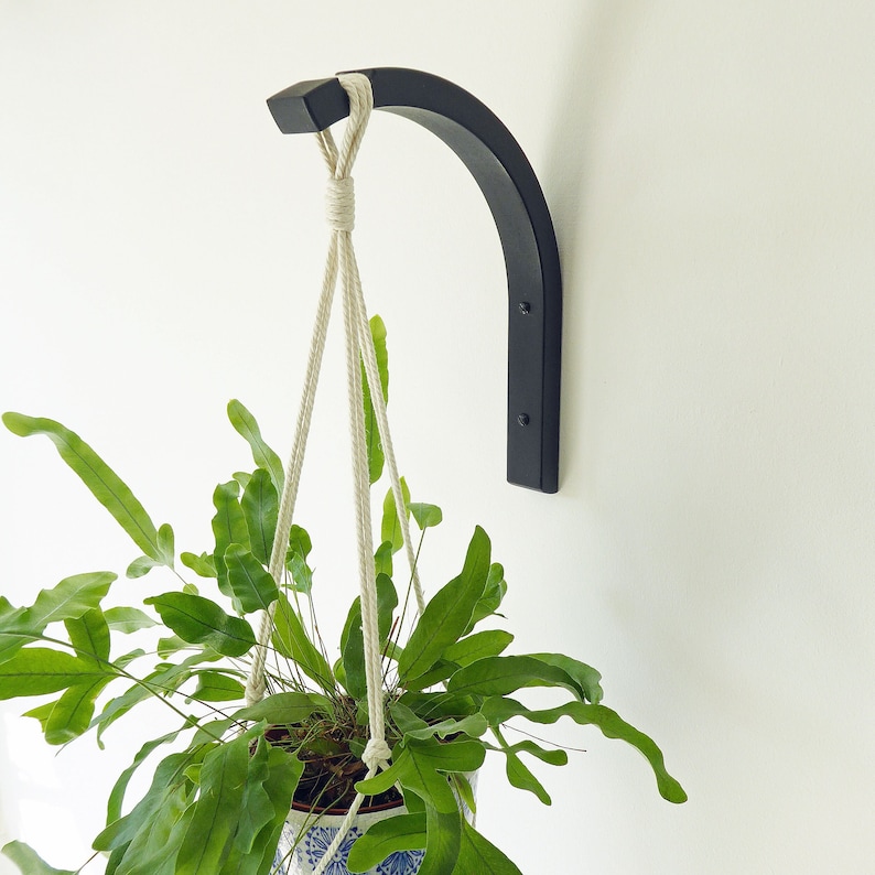 Black curved L shape plant hanger made from wood. It is mounted on a wall using two black screws. Hang a trailing house plant in a macrame hanger from it. Available in 3 sizes.