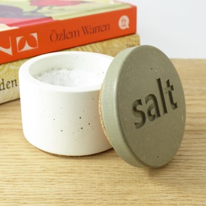 May include: A white ceramic salt cellar with a grey lid. The lid is inscribed with the word "salt" and has a cork base. The salt cellar is open, revealing white salt. A book with an orange cover is in the background.
