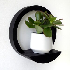 Black round wooden wall shelf: Minimalist plant display, Hand crafted trinket shelf, 2 sizes