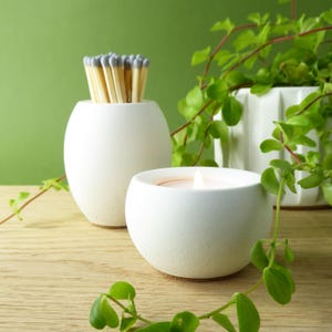 May include: A white, spherical candle with a lit wick and a matching match holder filled with matches. The candle and match holders are on a wooden surface with green foliage in the background.